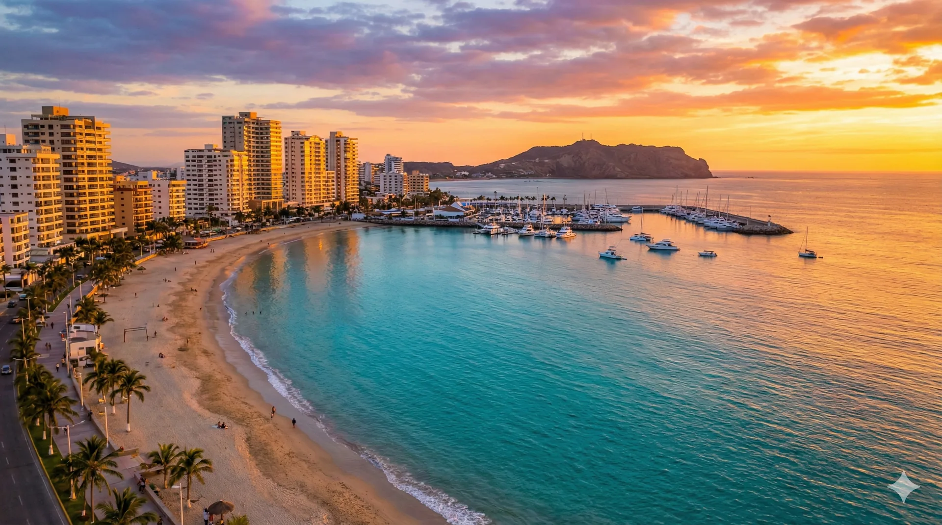 Aerial sunset view of Salinas, Ecuador coastline with marina